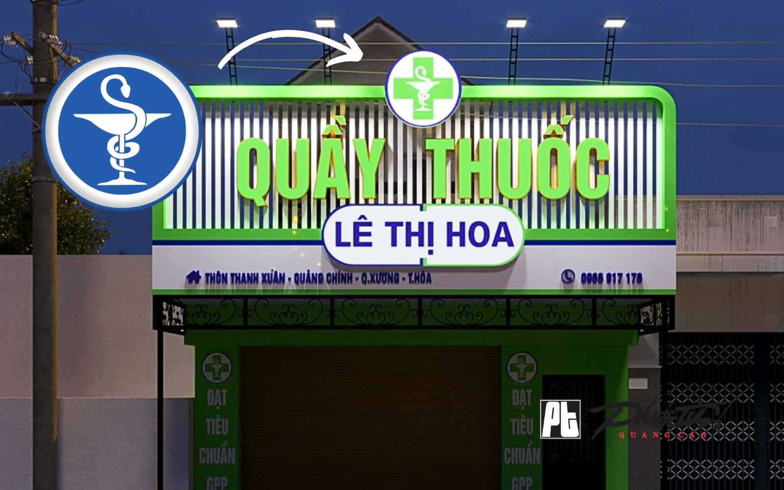 Bảng hiệu nhà thuốc có thể sử dụng biển tượng con rắn quấn quanh cái ly