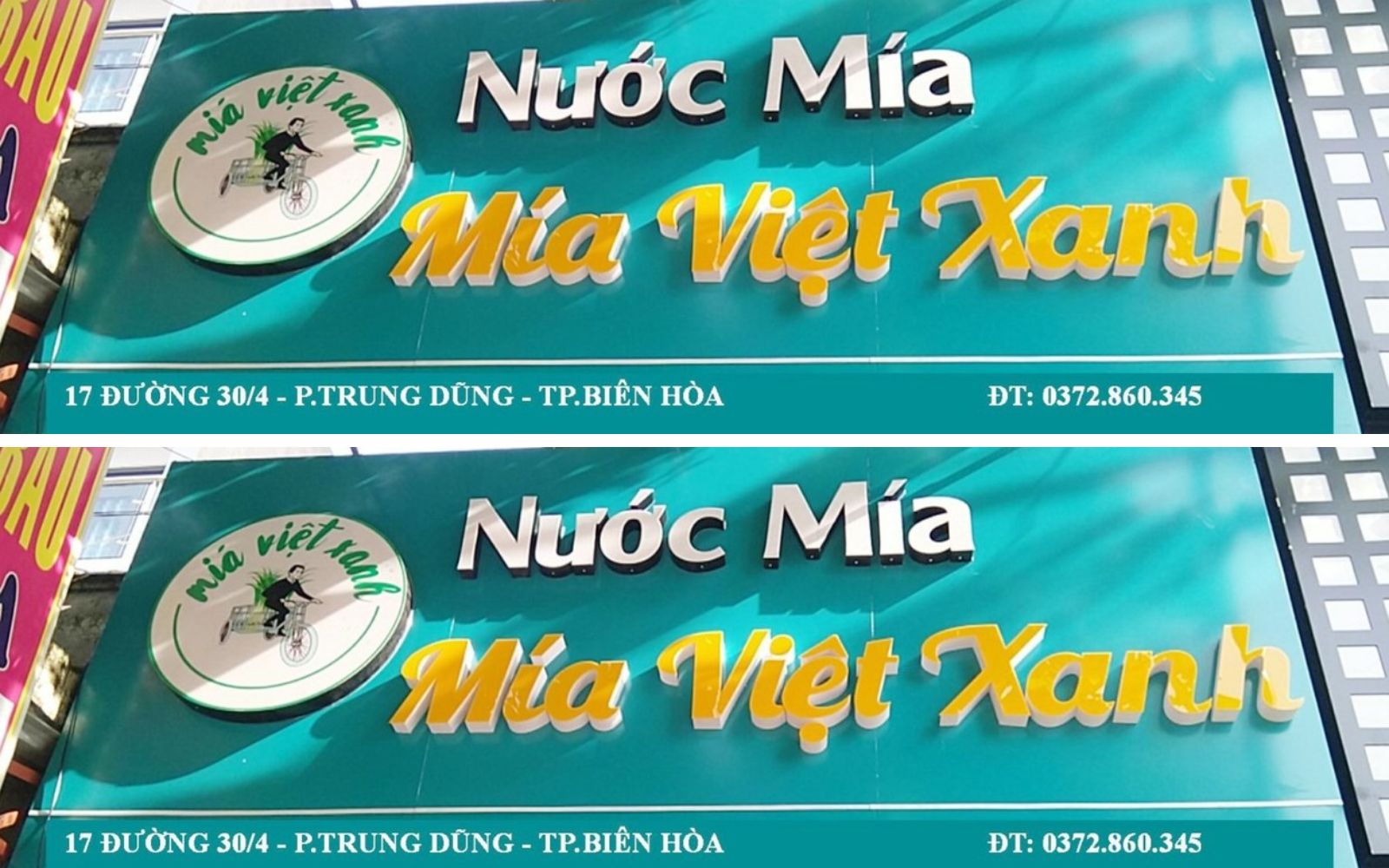 Bảng hiệu nước mía màu xanh độc đáo